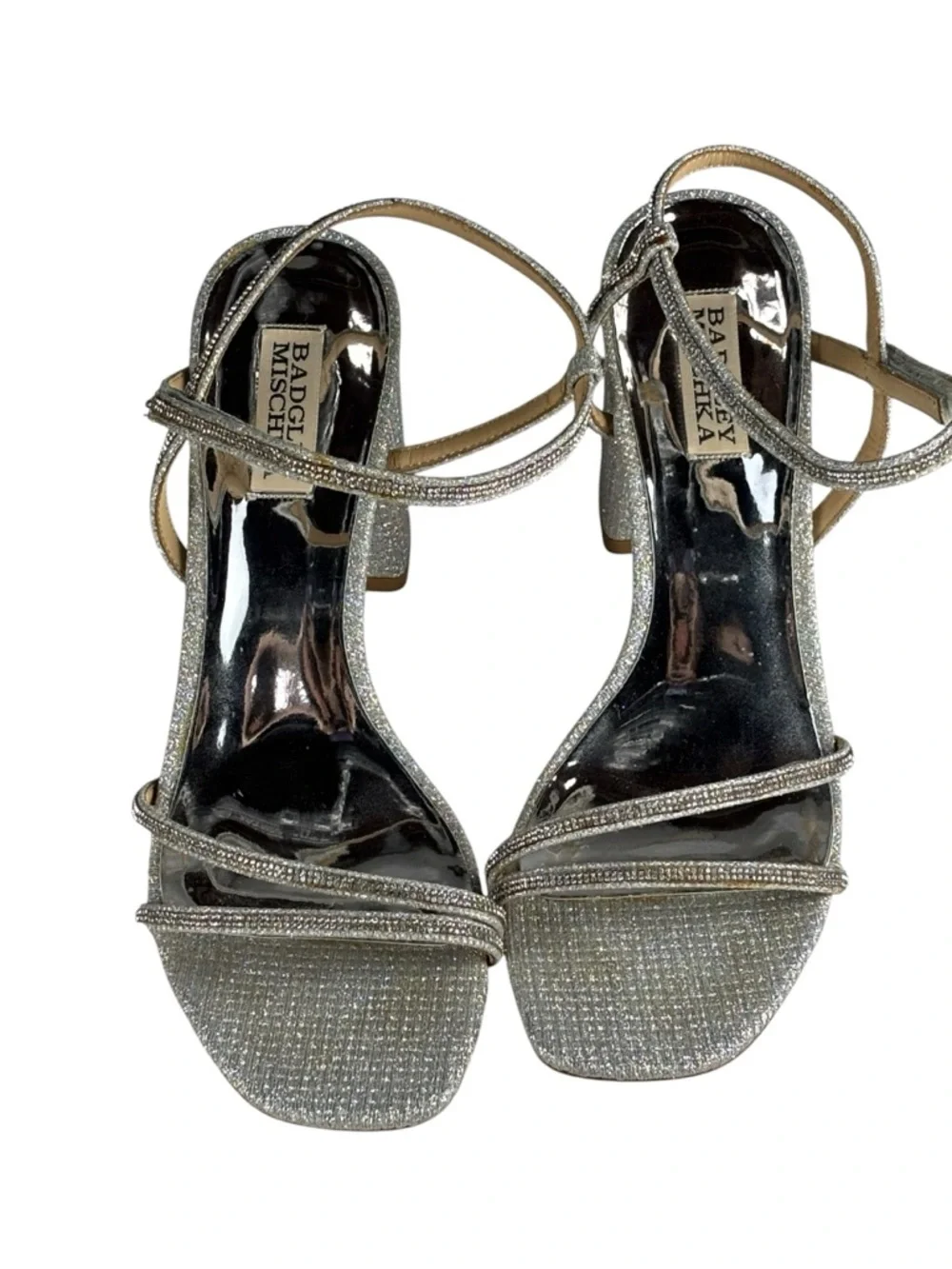 BADGLEY MISCHKA FIREY RHINESTONE SILVER BLOCK HEEL OPEN TOE HEELS - Picture 6 of 16